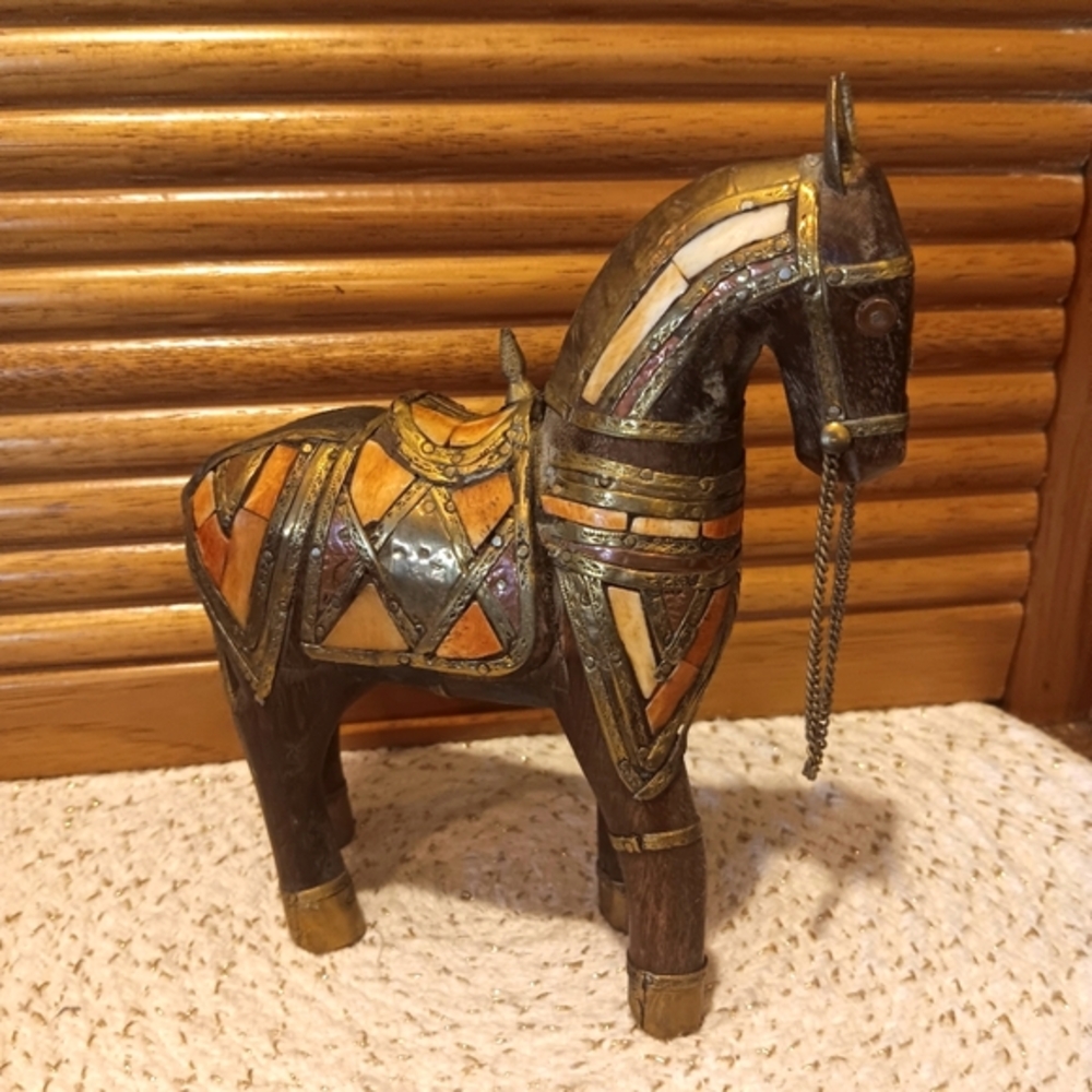 Vintage MCM Trojan Horse... Inlaid With Wood, Copper, and Brass
